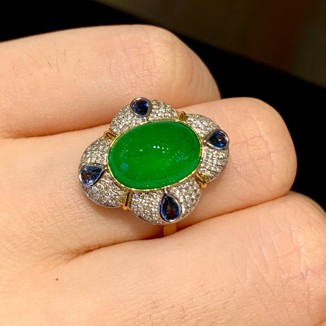 14k Gold 4 Ct Vivid Green Natural Emerald & Diamond Ring - 5