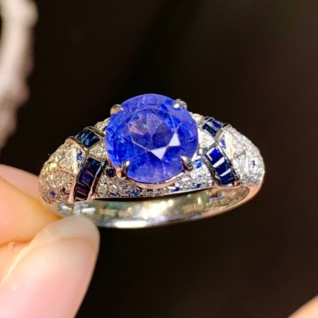 14k Gold 3.2 Ct Natural Sapphire & Diamond Ring: Ref:231035192 // gold content:14k gold // ring size:7. 25us // // main gemstone:sapphire // shape:round // carat weight:3. 2ct // color:blue // treatment:natural // cut grade:g // // adjacent