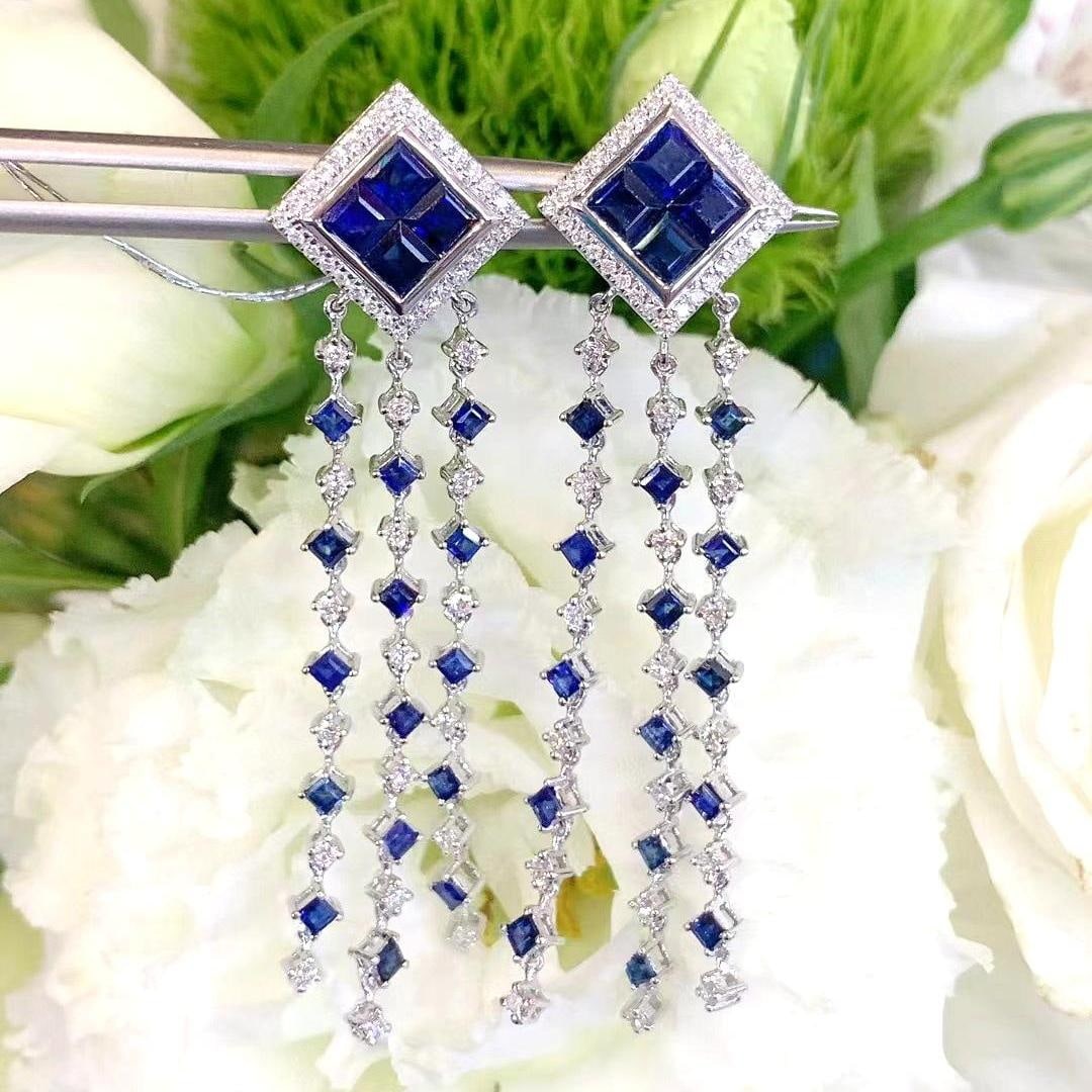 14k Gold 3.21 Ctw Natural Sapphire & Diamond Earrings: Ref:231035194 // gold content:14k gold // main gemstone:sapphire // shape:square // carat weight:2. 25ct // color:blue // treatment:natural // // adjacent gemstone 2 : diamond // shape:round // carat