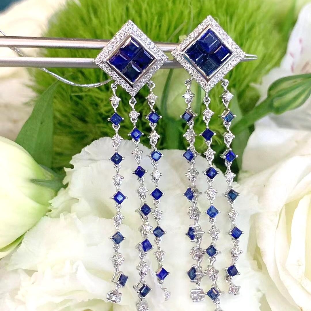 14k Gold 3.21 Ctw Natural Sapphire & Diamond Earrings - 2