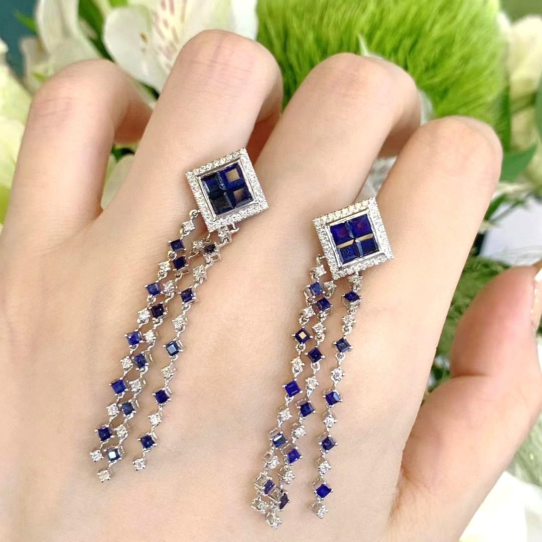 14k Gold 3.21 Ctw Natural Sapphire & Diamond Earrings - 3