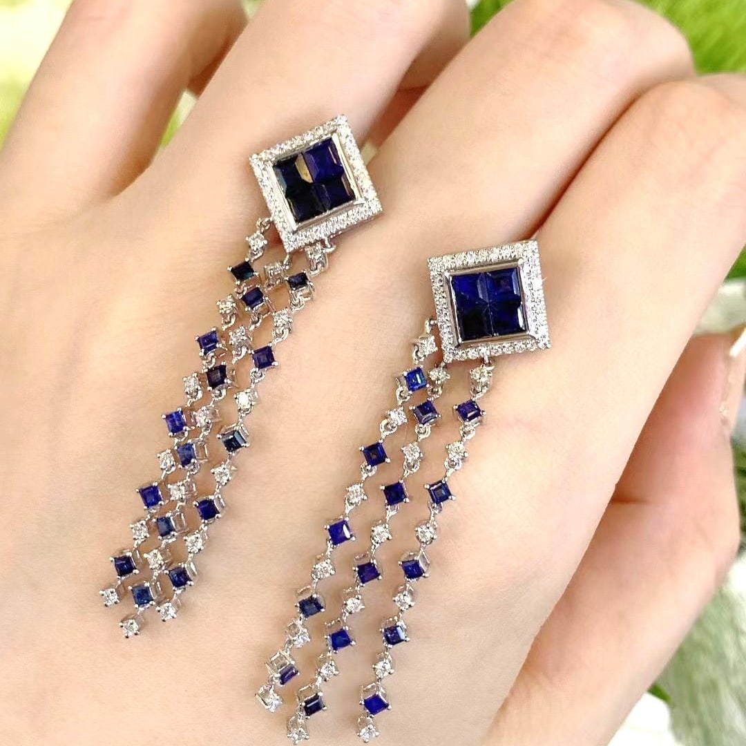 14k Gold 3.21 Ctw Natural Sapphire & Diamond Earrings - 4