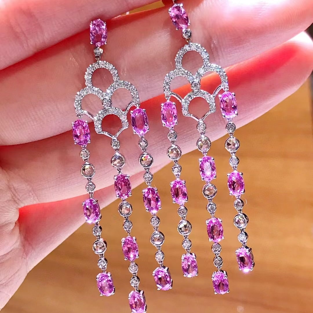14k Gold 8.07 Ctw Natural Sapphire & Diamond Earrings: Ref:231035205 // gold content:14k gold // main gemstone:sapphire // shape:oval // carat weight:6. 92ct // color:pink // treatment:natural // // adjacent gemstone 2 : diamond // shape:round // carat