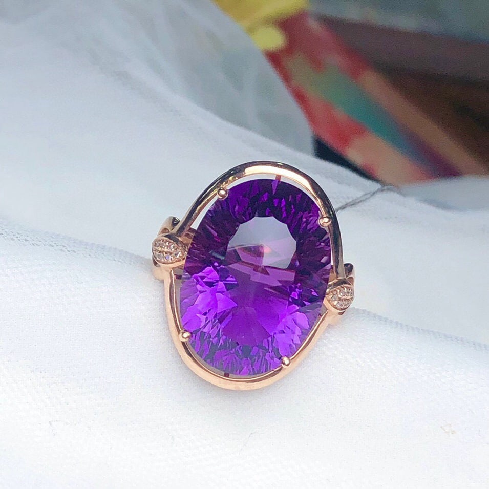 14k Gold 12.85 Ct Natural Amethyst & Diamond Ring - 3