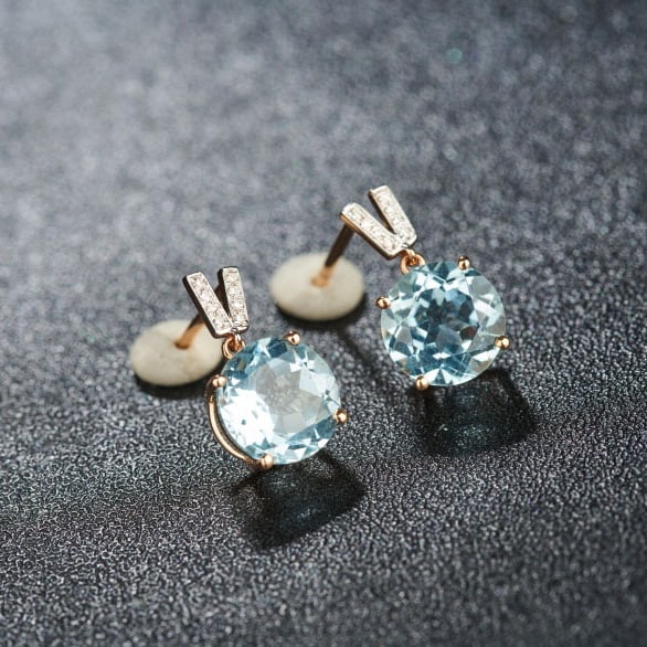 14k Gold 3.81 Ct Natural Aquamarine & Diamond Earrings - 2
