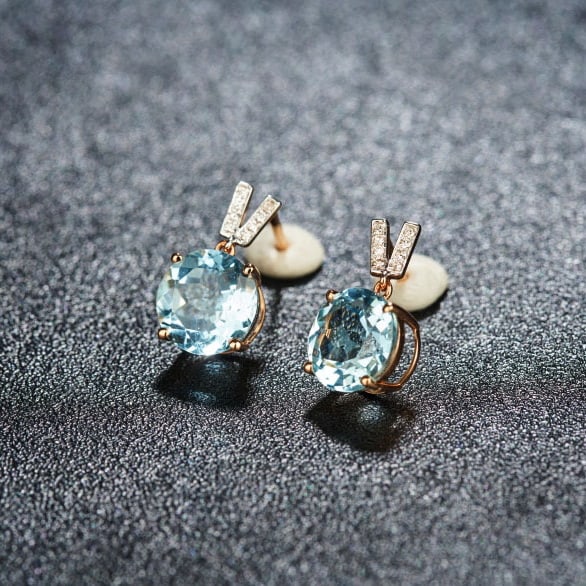 14k Gold 3.81 Ct Natural Aquamarine & Diamond Earrings - 3