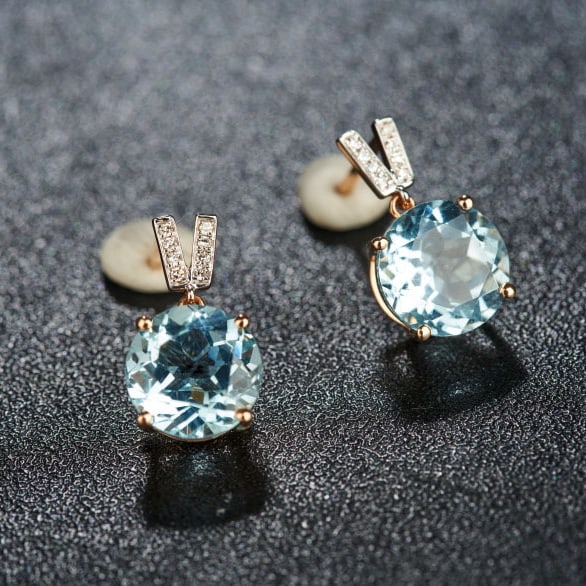 14k Gold 3.81 Ct Natural Aquamarine & Diamond Earrings - 5