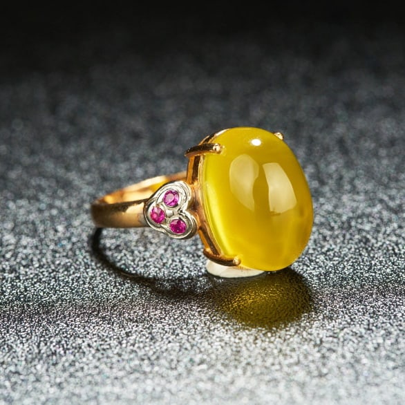 14k Gold 12.15 Ct Natural Prehnite & Ruby Ring - 3