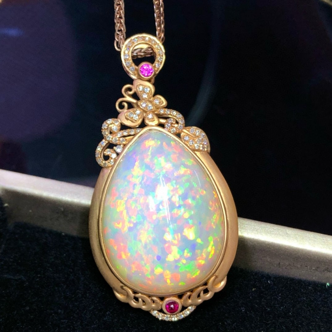 14k Gold 33.2 Ct Natural Opal & Diamond Pendant( Without Chain ) - 2