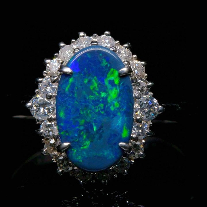 14k Gold 2.42 Ctw Natural Opal & Diamond Ring: Ref:231035240 // gold content:14k gold // ring size:7. 25us // // main gemstone:opal // shape:oval // carat weight:1. 88ct // color:blue-green // treatment:natural // // adjacent gemstone 2 : diamond