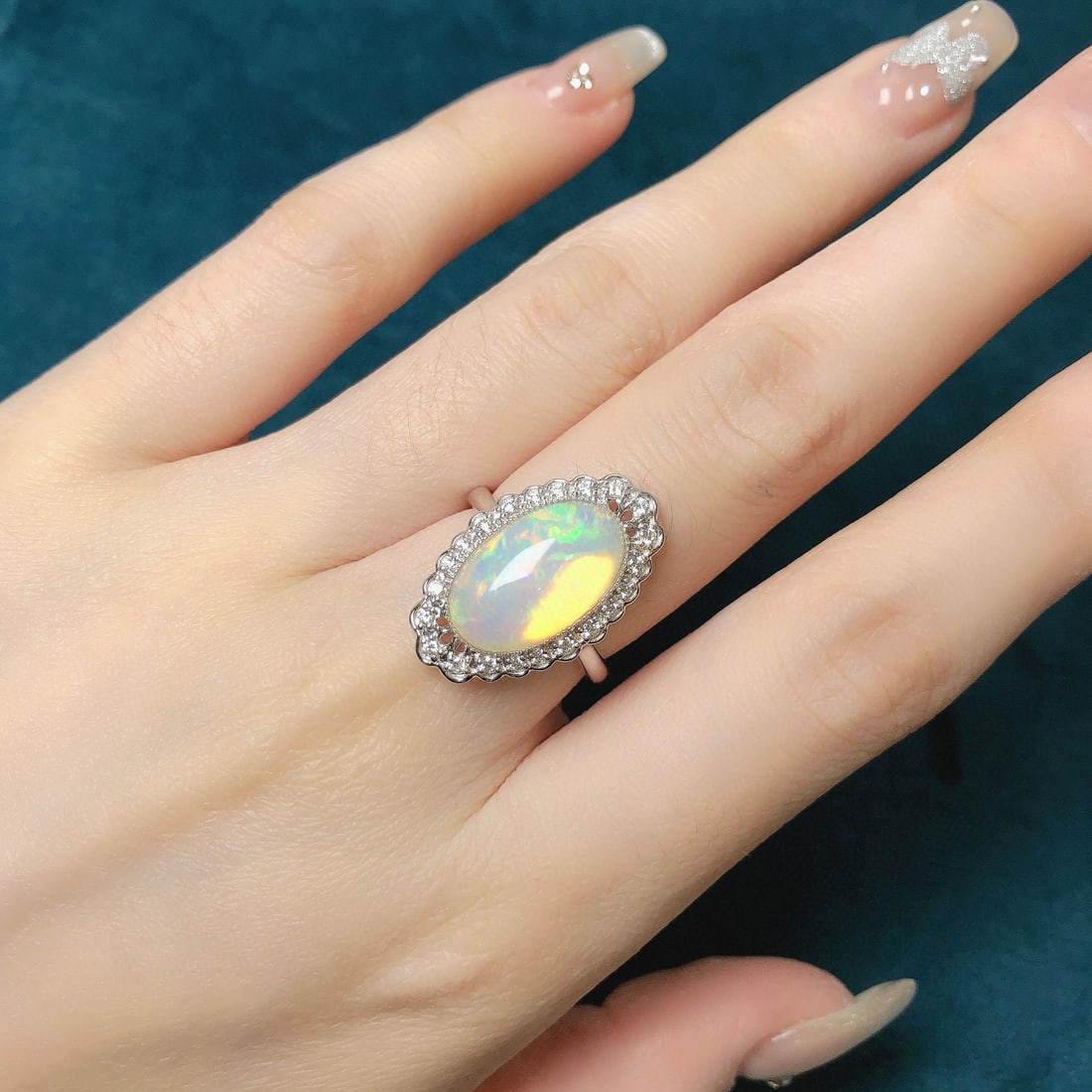 14k Gold 3.83 Ctw Natural Opal & Diamond Ring - 7