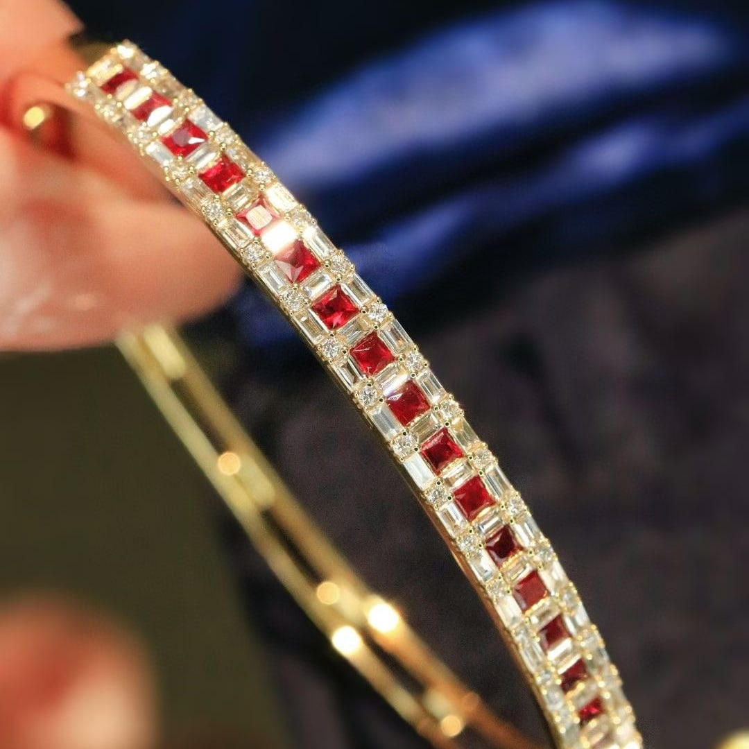 14k Gold 2.5 Ctw Natural Ruby & Diamond Bangle - 2