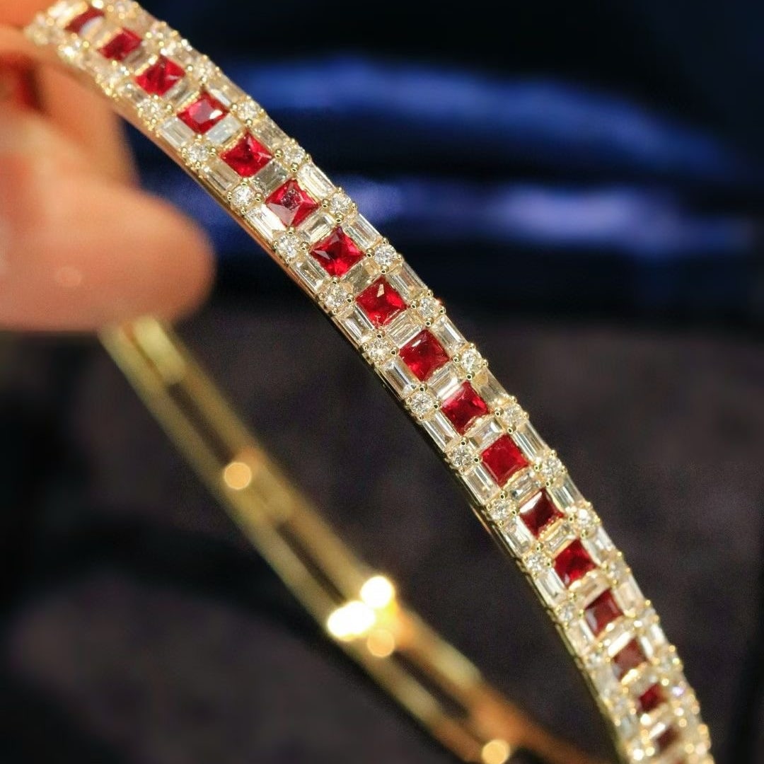 14k Gold 2.5 Ctw Natural Ruby & Diamond Bangle - 3