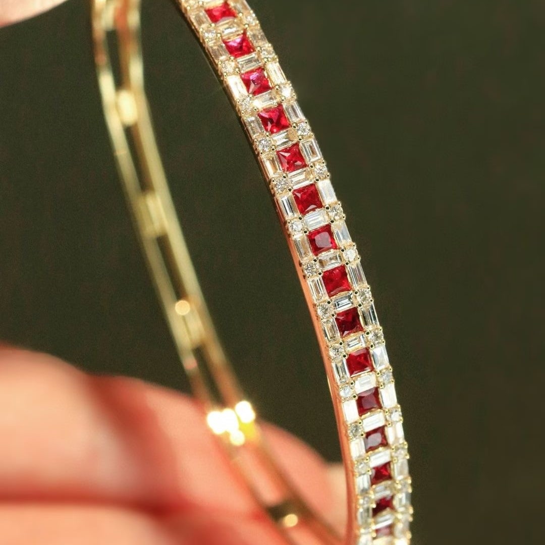 14k Gold 2.5 Ctw Natural Ruby & Diamond Bangle - 4