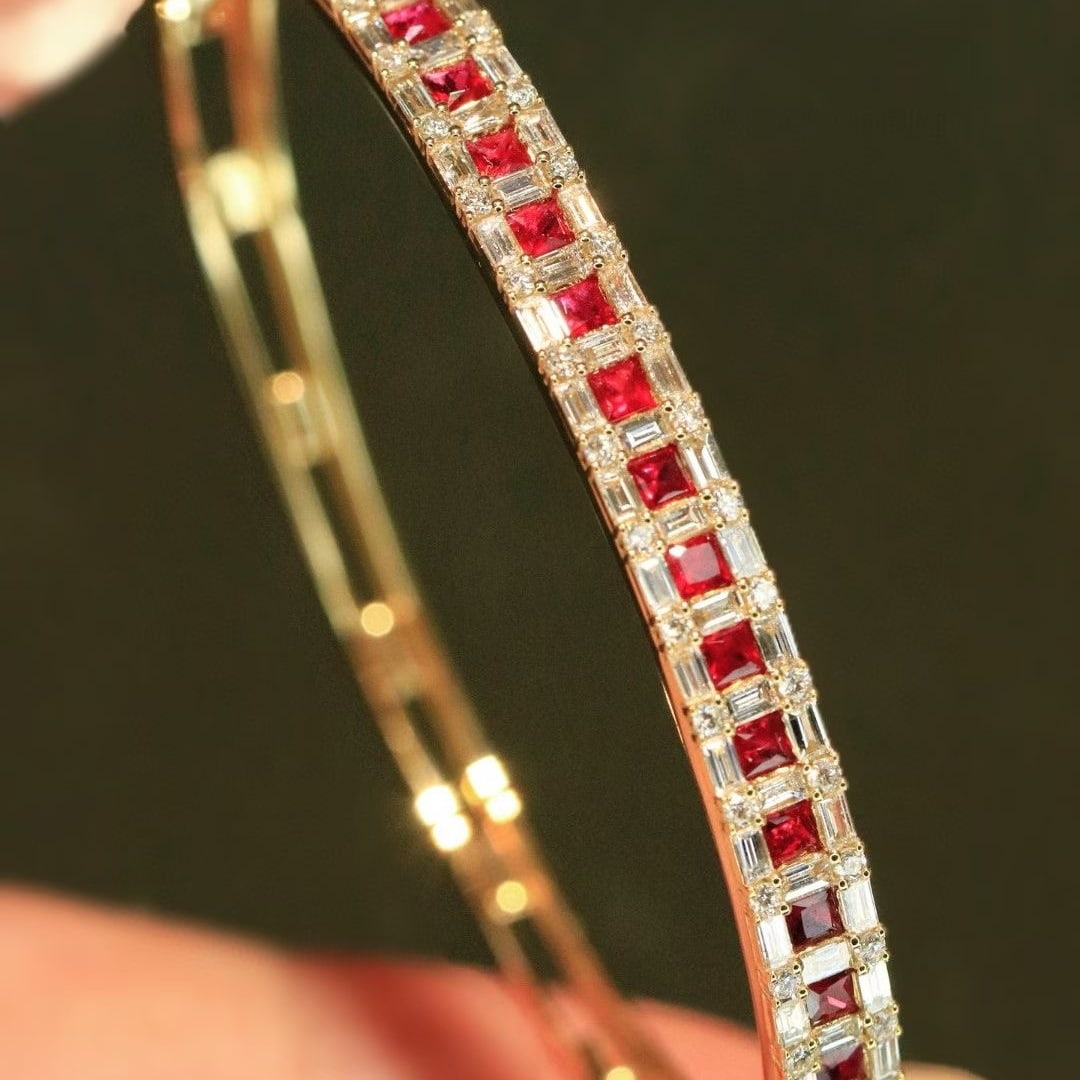 14k Gold 2.5 Ctw Natural Ruby & Diamond Bangle - 5