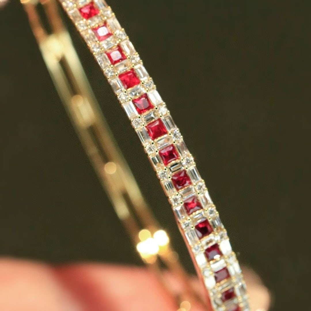 14k Gold 2.5 Ctw Natural Ruby & Diamond Bangle - 6