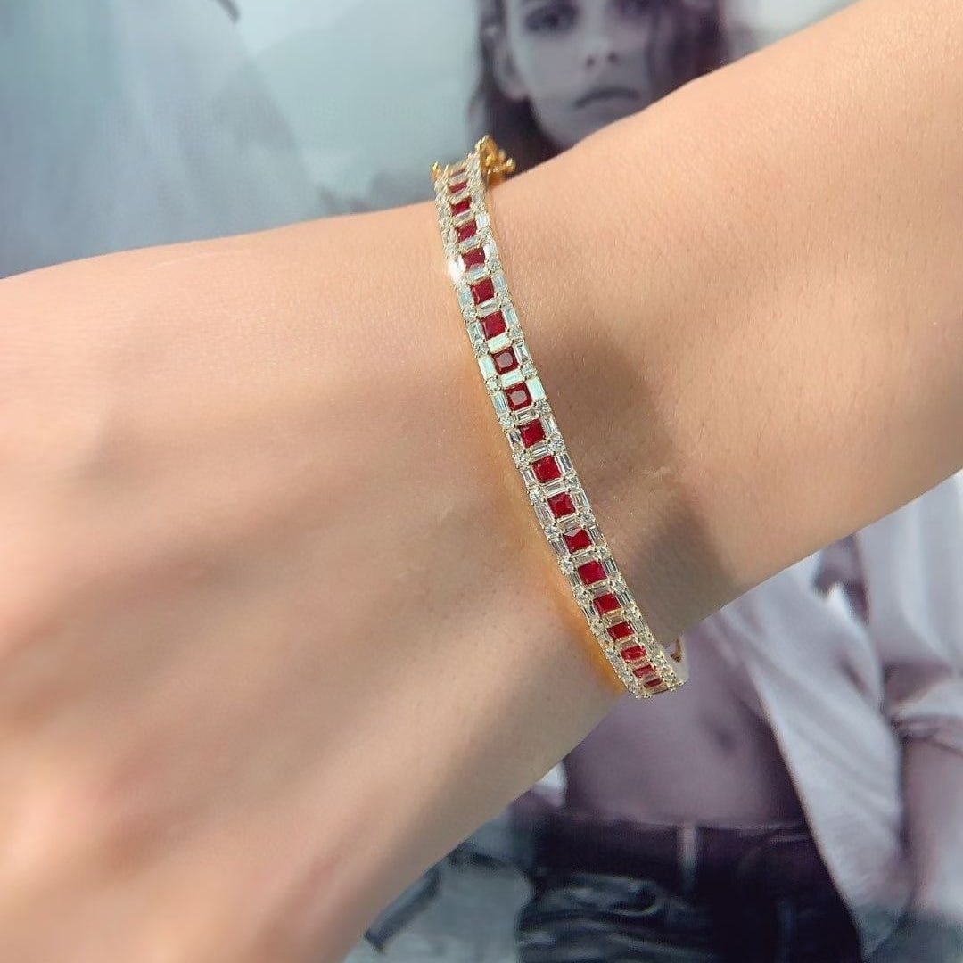 14k Gold 2.5 Ctw Natural Ruby & Diamond Bangle - 7