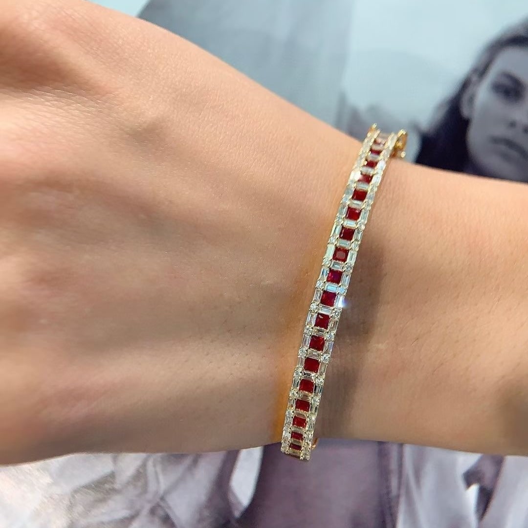 14k Gold 2.5 Ctw Natural Ruby & Diamond Bangle - 8