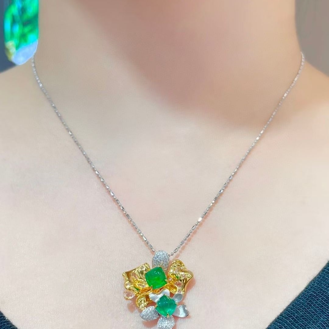 14k Gold 2.0 Ct Natural Emerald & Diamond & Sapphire Pendant( Without Chain ) - 4