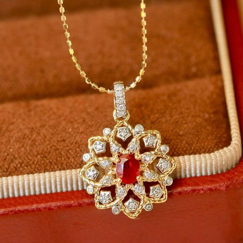 14k Gold 0.38 Ctw Natural Ruby & Diamond Pendant( Without Chain ): Ref:231035254 // gold content:14k gold // main gemstone:ruby // shape:oval // carat weight:0. 3ct // color:red // treatment:natural // // adjacent gemstone 2 : diamond // shape:round // carat