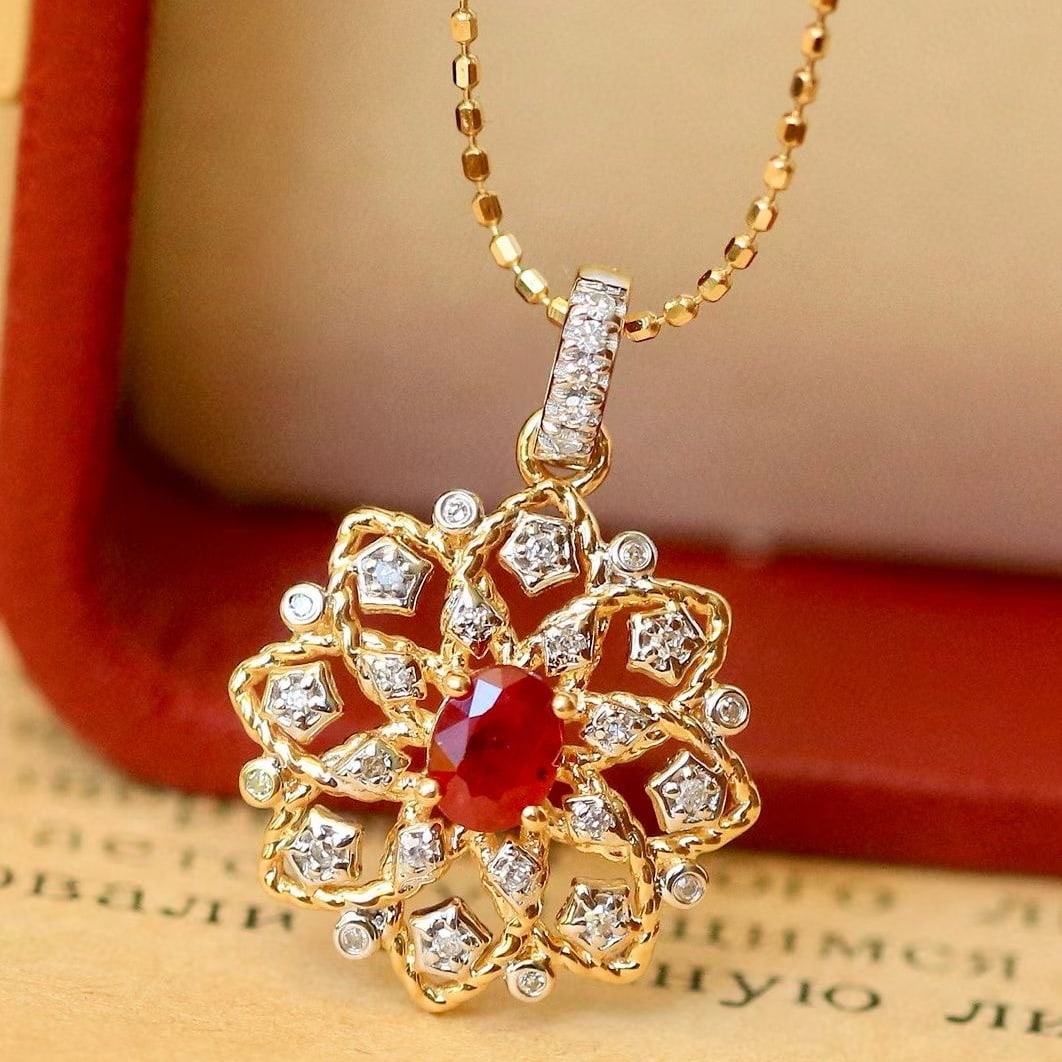 14k Gold 0.38 Ctw Natural Ruby & Diamond Pendant( Without Chain ) - 2
