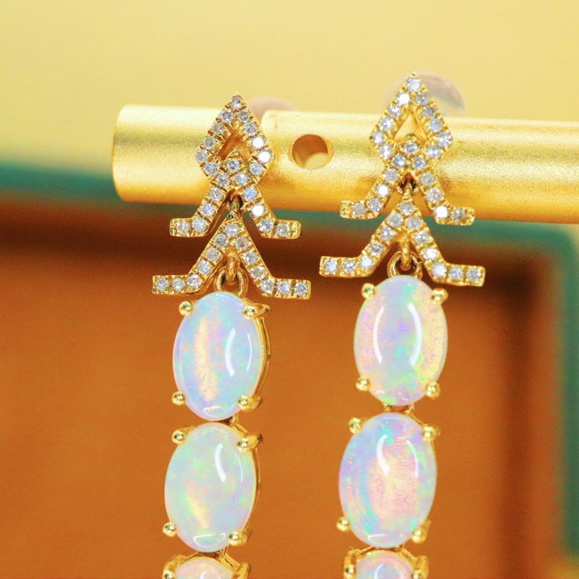 14k Gold 3.23 Ctw Natural Opal & Diamond Earrings - 4