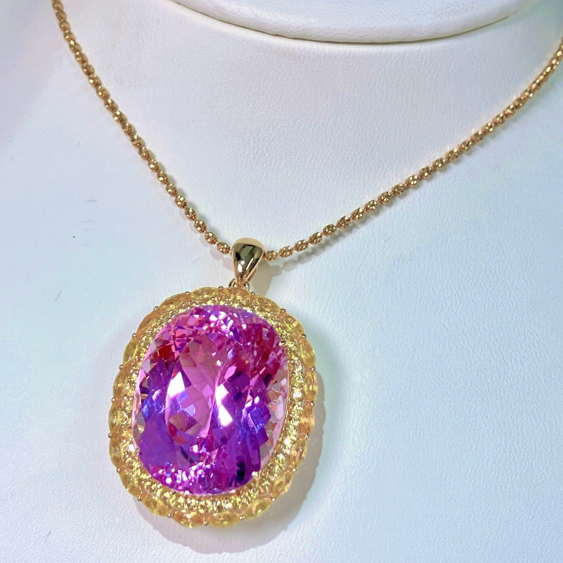 14k Gold 53.0 Ctw Natural Kunzite & Sapphire Pendant( Without Chain ) - 3