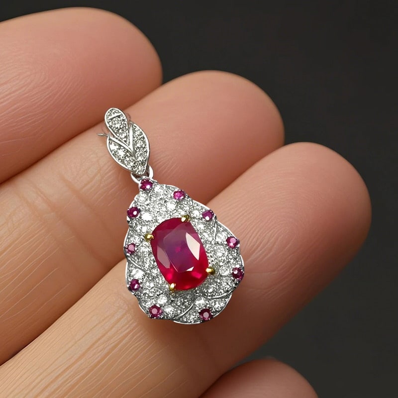 14k Gold 1.17 Ctw Natural Ruby & Diamond Pendant( Without Chain ) - 2