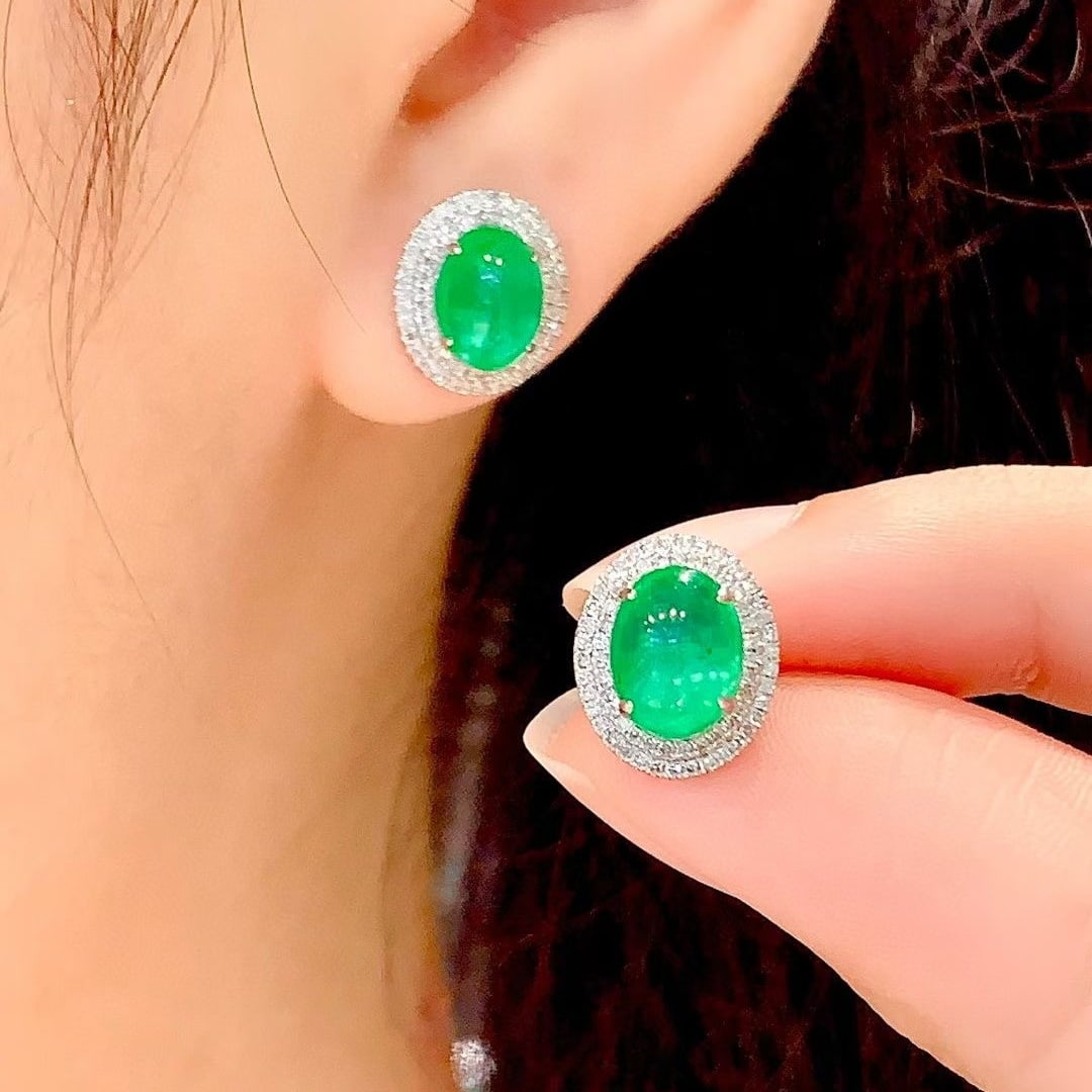 14k Gold 3.3 Ct Natural Emerald & Diamond Earrings - 5