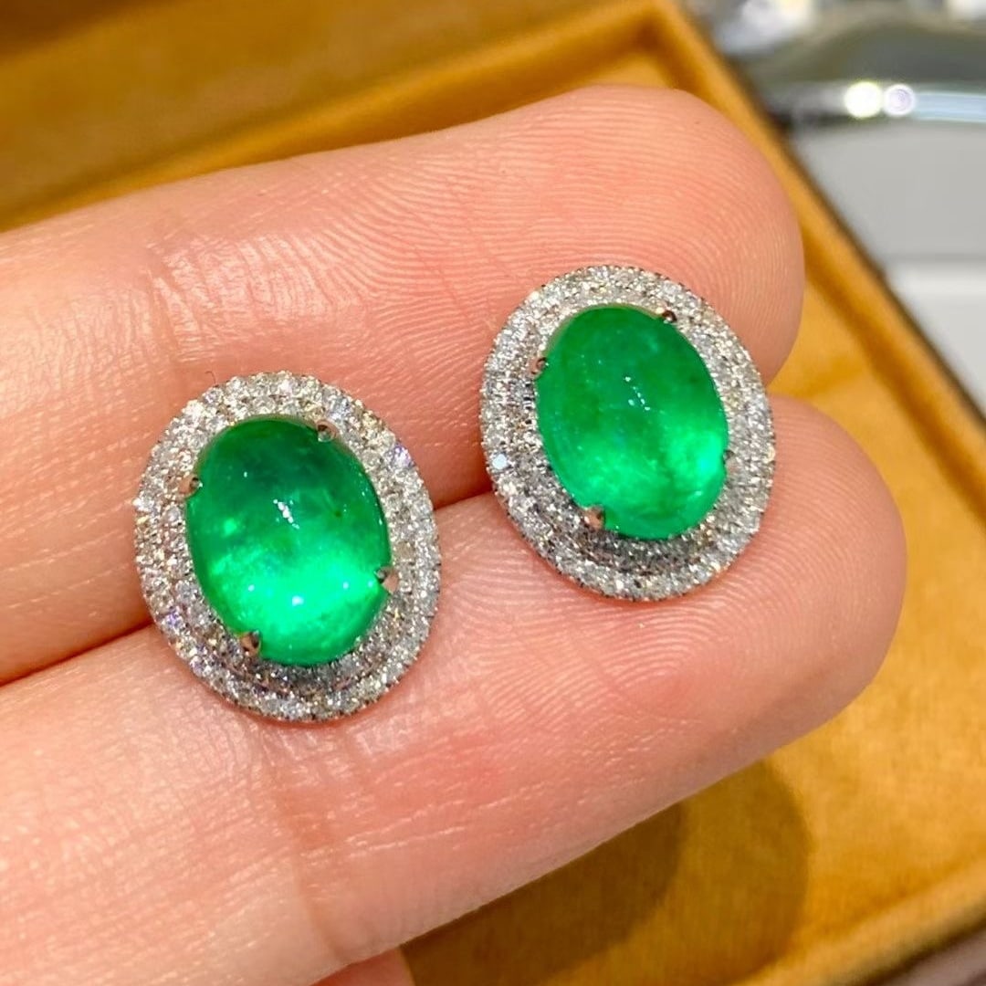 14k Gold 3.3 Ct Natural Emerald & Diamond Earrings - 6