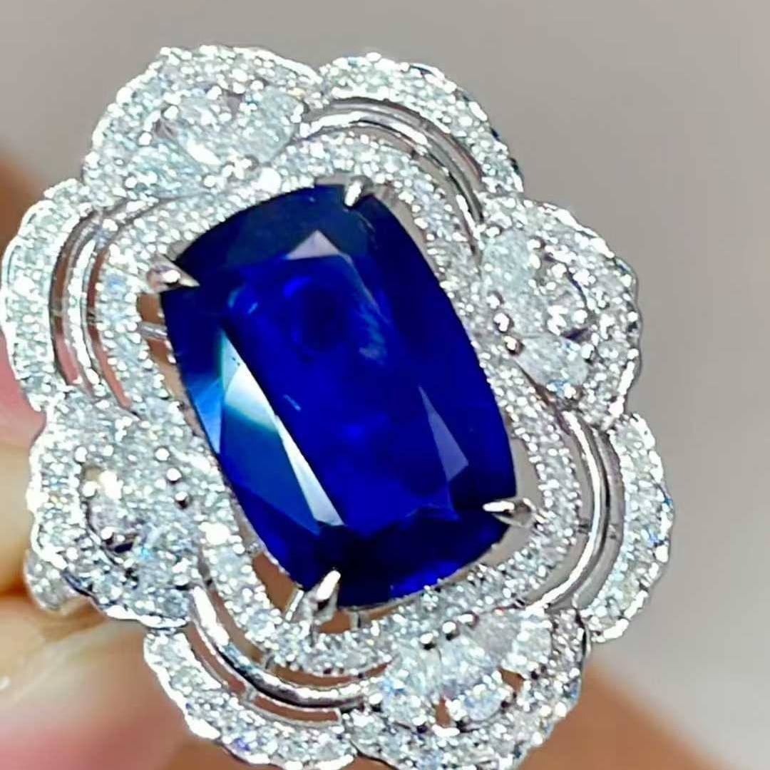 14k Gold 3.97 Ctw Natural Sapphire & Diamond Ring: Ref:231036105 // gold content:14k gold // ring size:7. 25us // // main gemstone:sapphire // shape:cushion // carat weight:3. 22ct // color:royal blue // treatment:natural // // adjacent gemstone 2 :