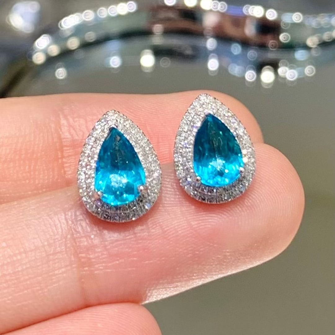 14k Gold 1.45 Ct Natural Paraiba Tourmaline & Diamond Earrings (1 of 7)