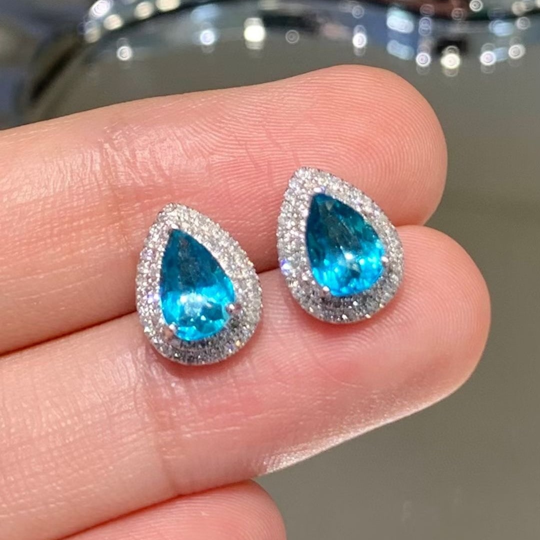 14k Gold 1.45 Ct Natural Paraiba Tourmaline & Diamond Earrings - 4