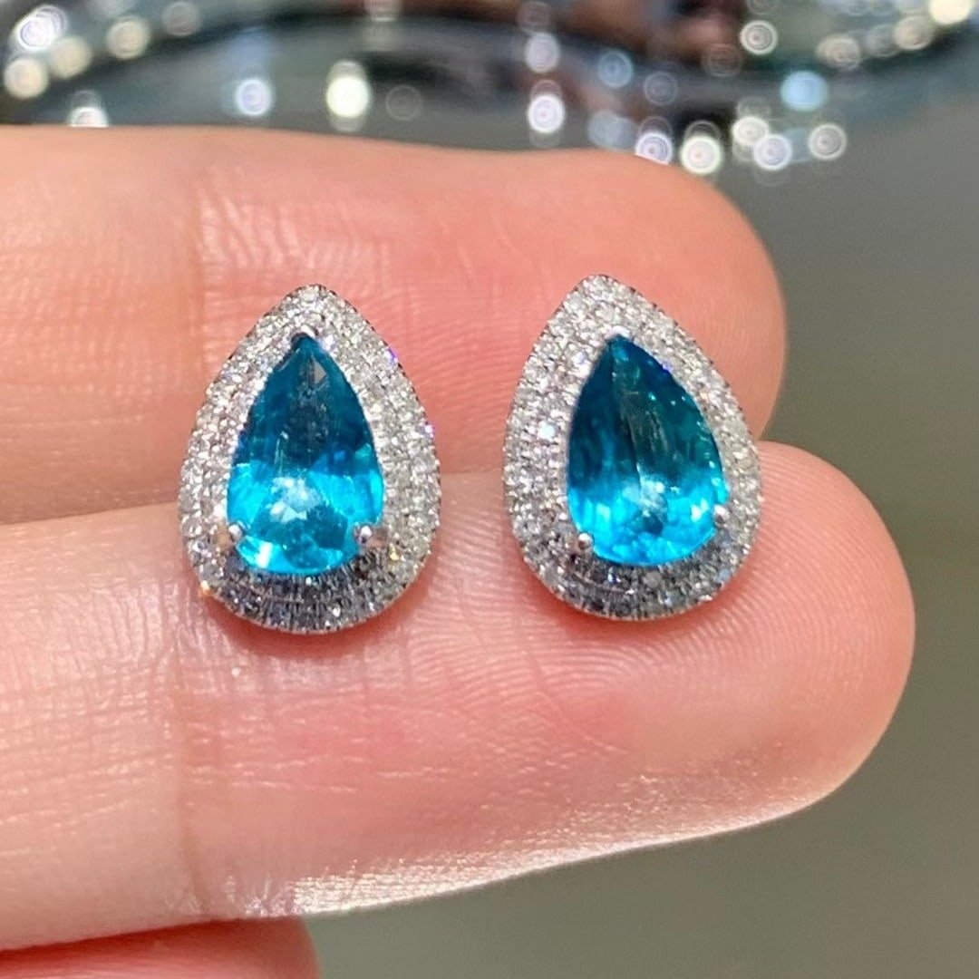 14k Gold 1.45 Ct Natural Paraiba Tourmaline & Diamond Earrings - 5