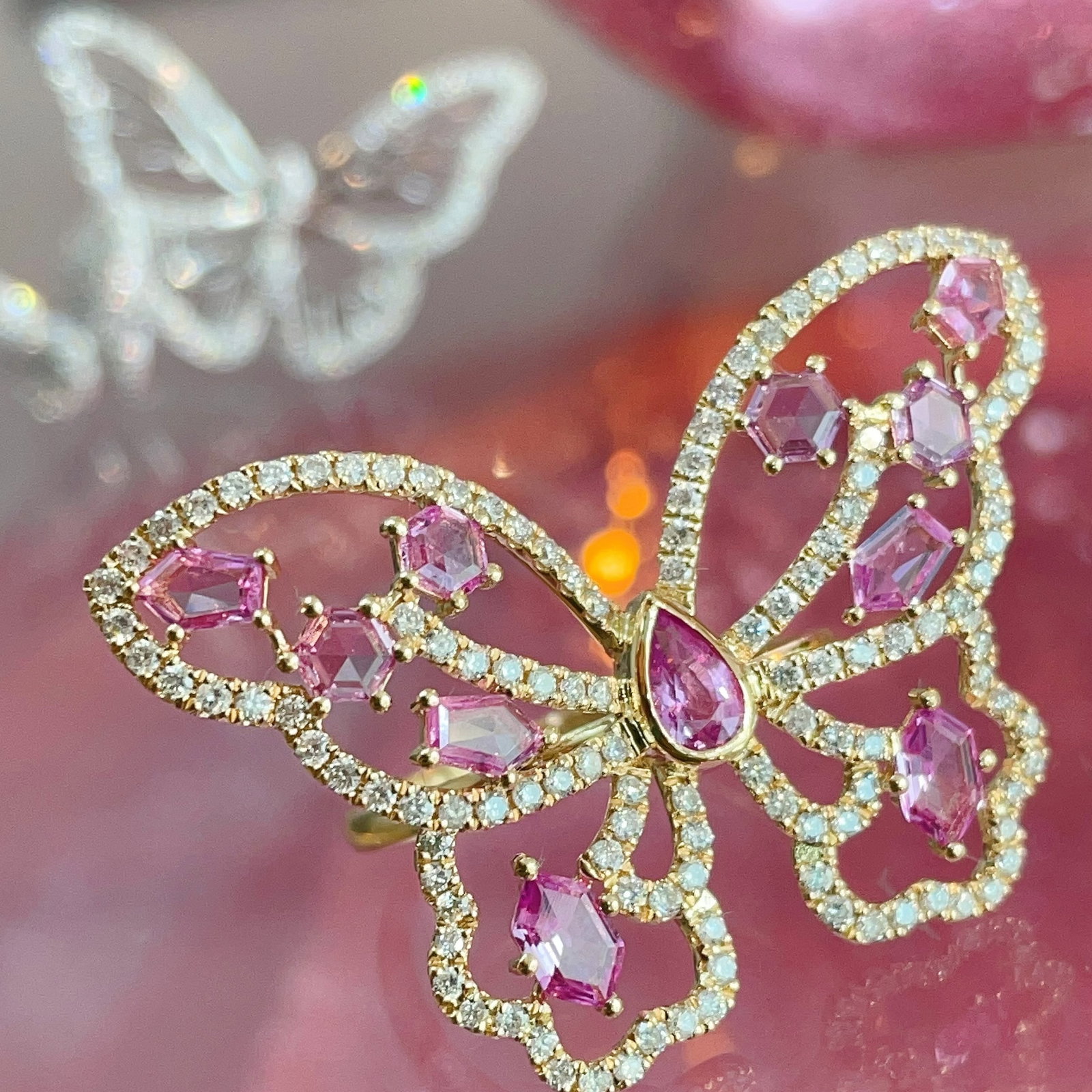14k Gold 2.17 Ctw Natural Sapphire & Diamond & Butterfly Ring - 6