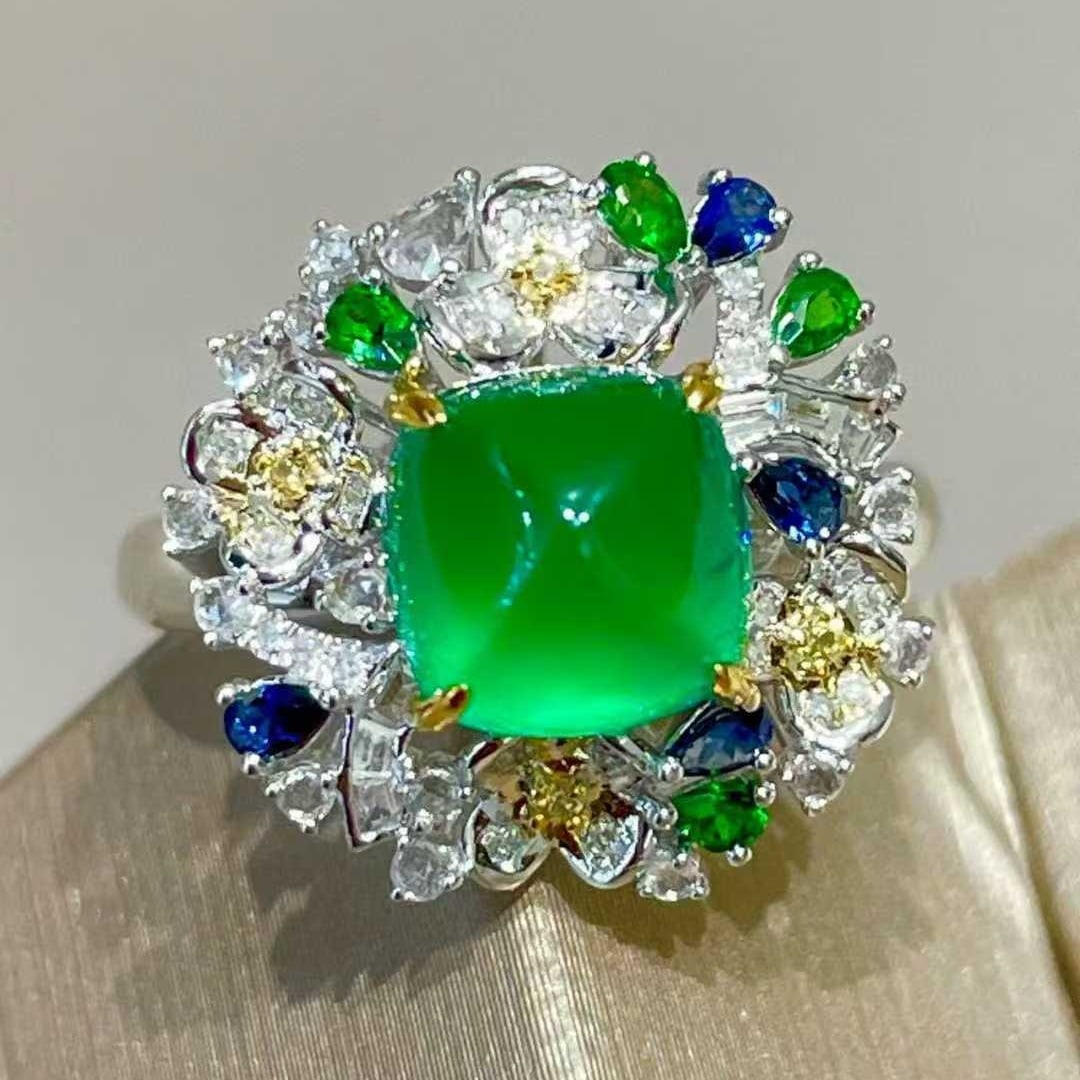 14k Gold 2 Ct Vivid Green Natural Emerald & Diamond & Sapphire & Tsavorite Ring: Ref:231036146 // gold content:14k gold // ring size:7. 25us // // main gemstone:emerald // shape:suger-loaf // carat weight:2ct // color:vivid green // treatment:natural // // adjacent gemstone 2 :