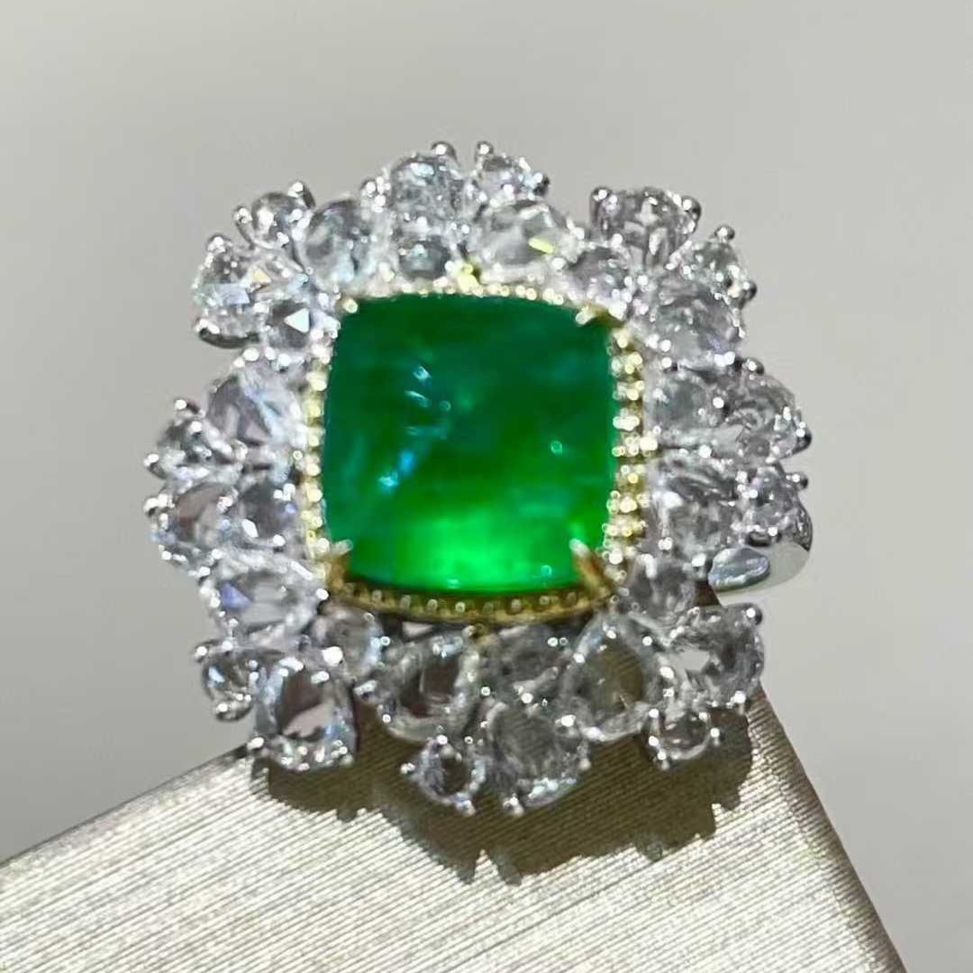 14k Gold 2.35 Ct Vivid Green Natural Emerald & Diamond & Sapphire Ring - 2