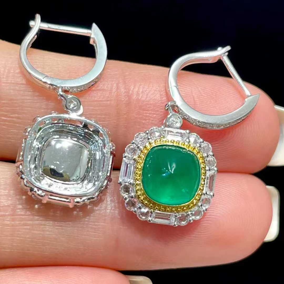 14k Gold 3.3 Ct Natural Emerald & Diamond & Sapphire Earrings - 3