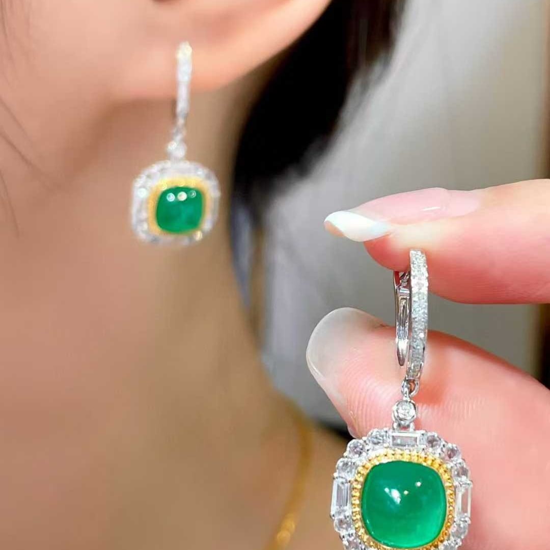 14k Gold 3.3 Ct Natural Emerald & Diamond & Sapphire Earrings - 4