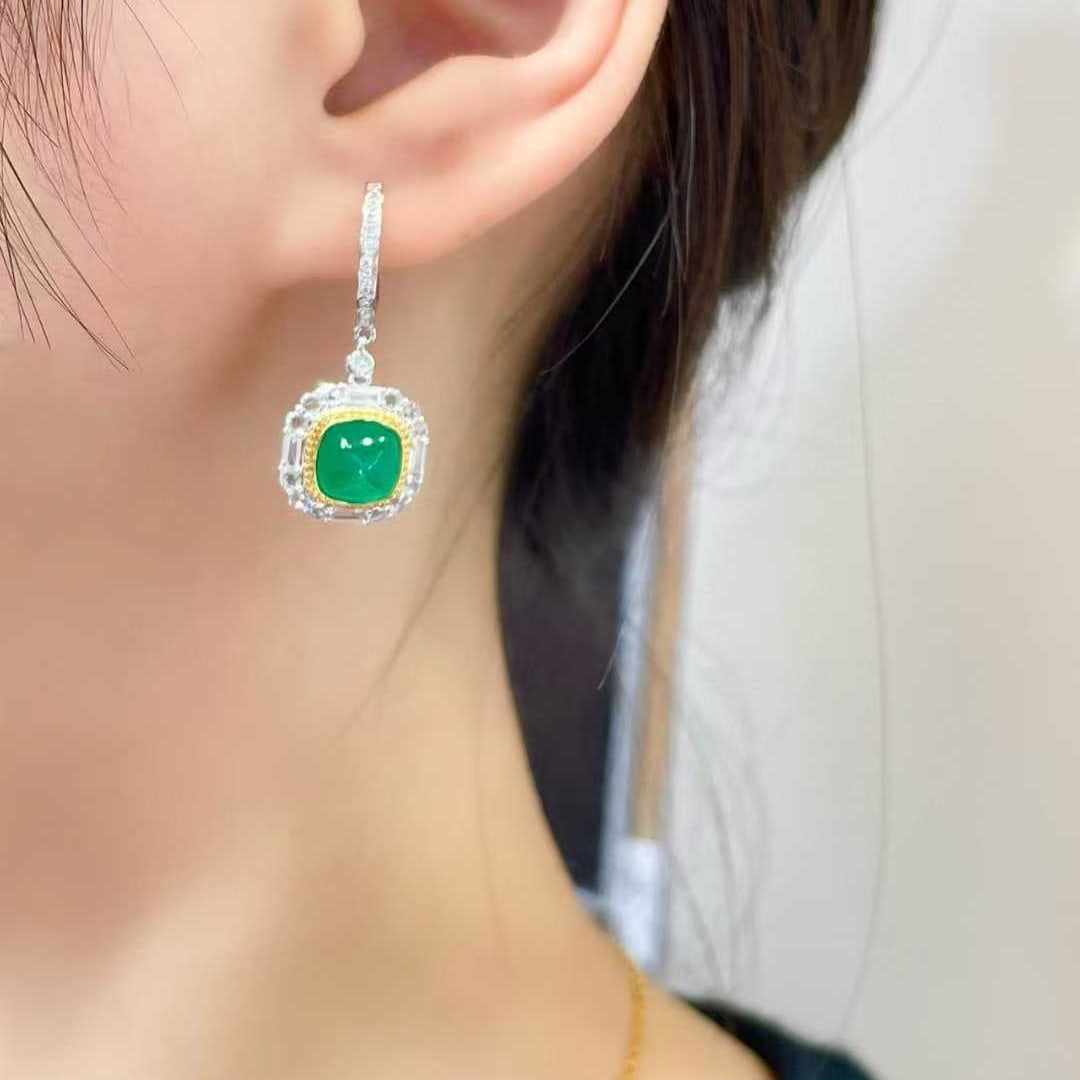 14k Gold 3.3 Ct Natural Emerald & Diamond & Sapphire Earrings - 5
