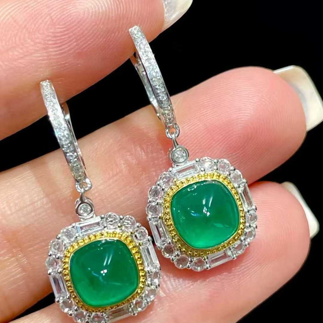 14k Gold 3.3 Ct Natural Emerald & Diamond & Sapphire Earrings - 6