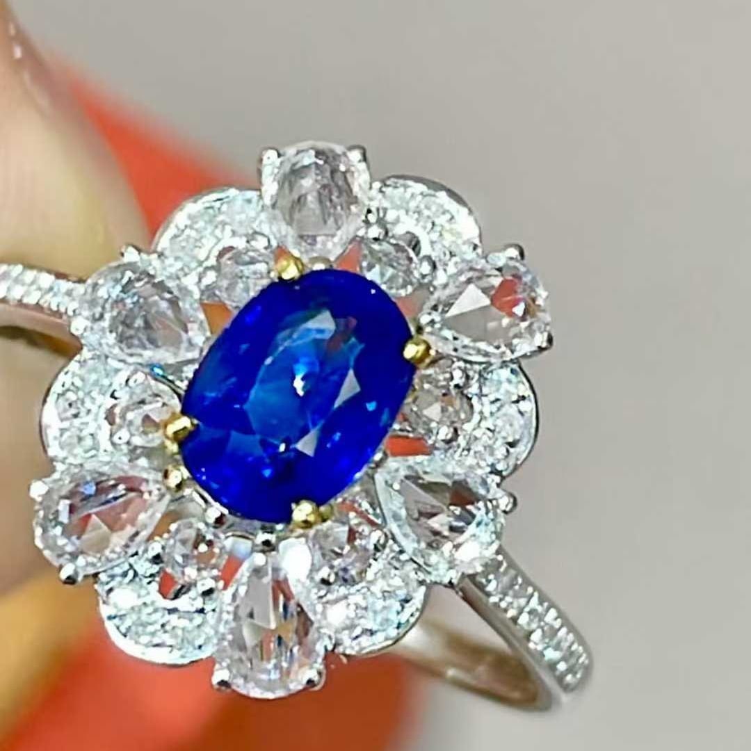 14k Gold 1 Ct Natural Sapphire & Diamond & Sapphire Ring: Ref:231036159 // gold content:14k gold // ring size:7. 25us // // main gemstone:sapphire // shape:oval // carat weight:1ct // color:royal blue // treatment:natural // // adjacent gemstone 2 : diamond