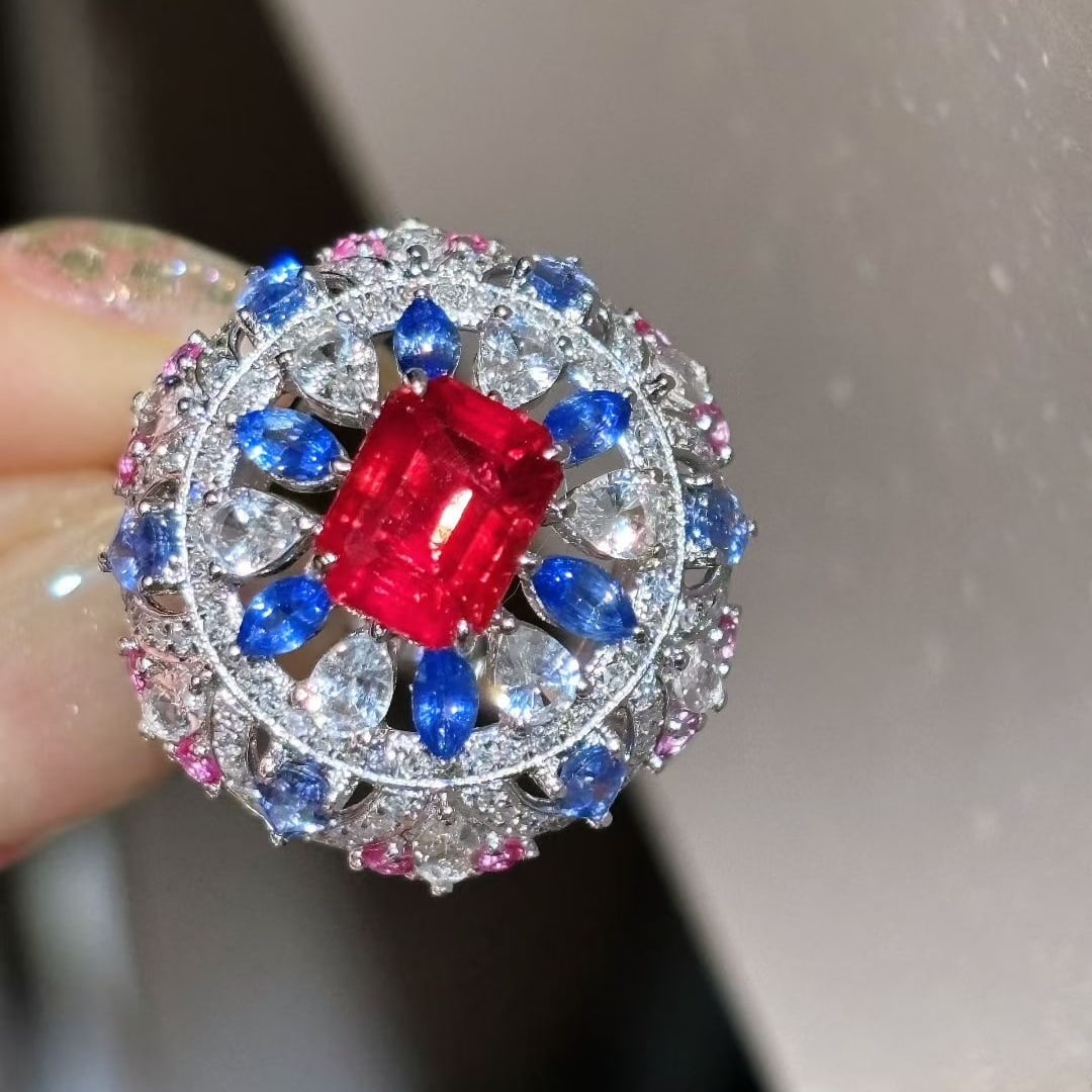 14k Gold 1.76 Ct Natural Ruby & Diamond & Sapphire Ring: Ref:231036161 // gold content:14k gold // ring size:7. 25us // // main gemstone:ruby // shape:octagonal // carat weight:1. 76ct // color:pigeonblood red // treatment:natural // // adjacent gemstone 2