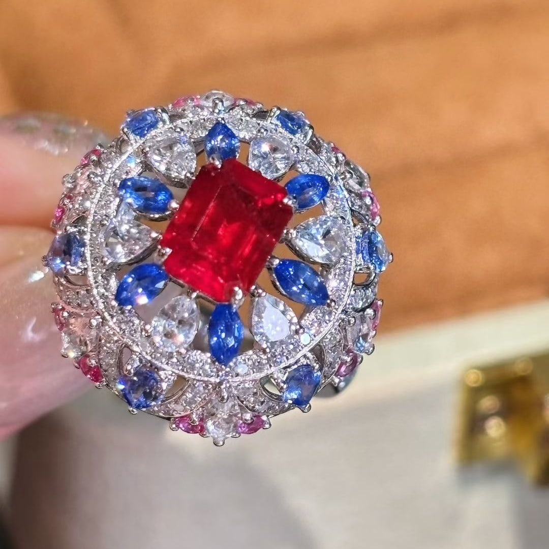 14k Gold 1.76 Ct Natural Ruby & Diamond & Sapphire Ring - 2
