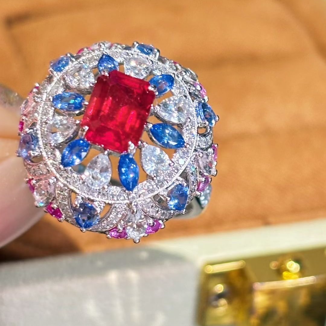14k Gold 1.76 Ct Natural Ruby & Diamond & Sapphire Ring - 3
