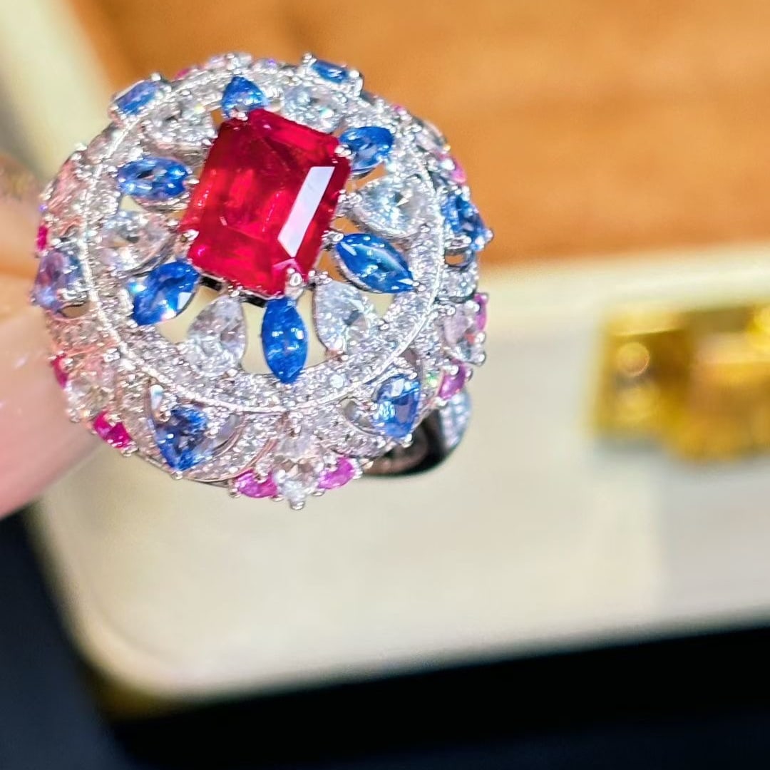 14k Gold 1.76 Ct Natural Ruby & Diamond & Sapphire Ring - 4