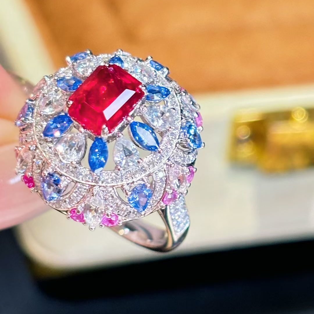 14k Gold 1.76 Ct Natural Ruby & Diamond & Sapphire Ring - 5