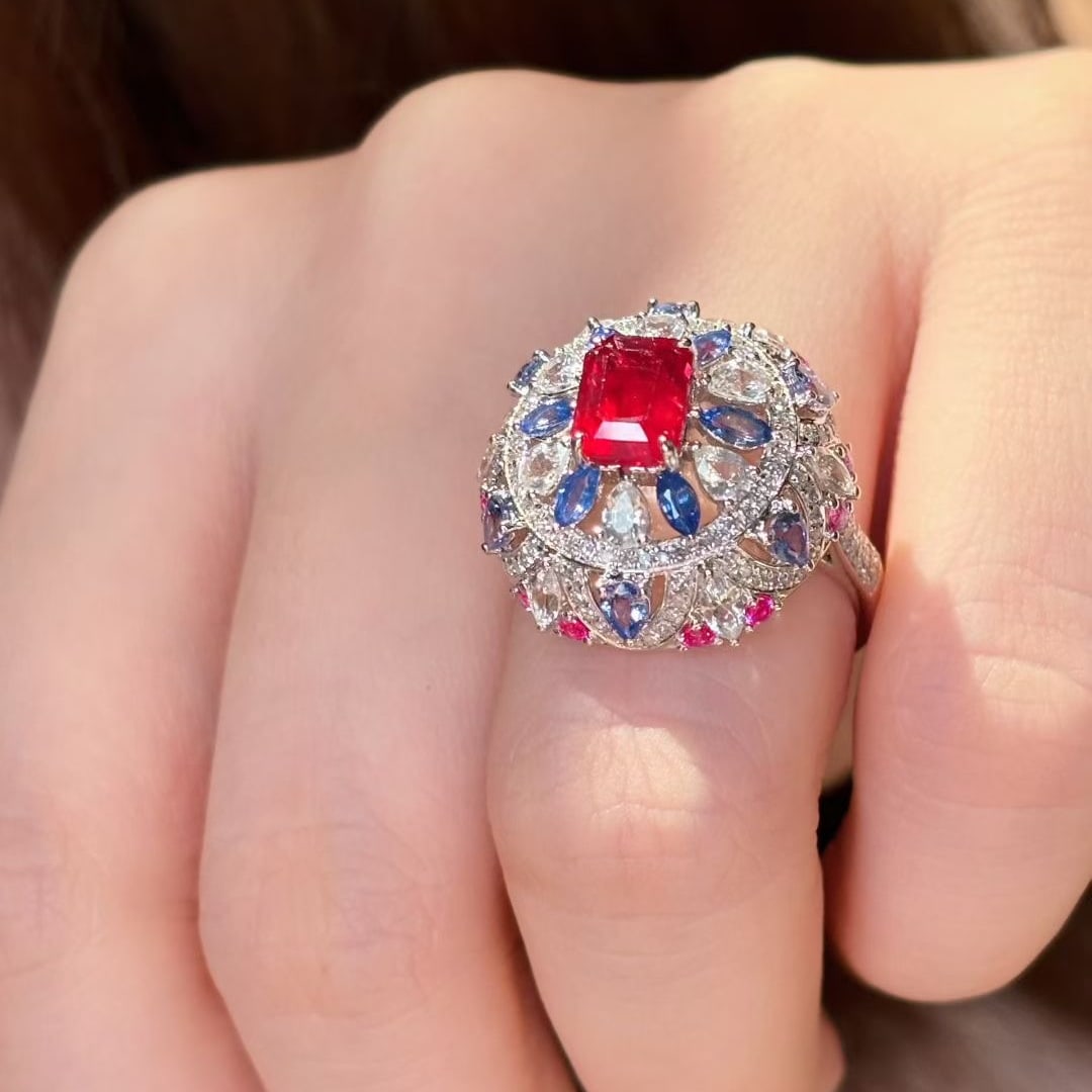 14k Gold 1.76 Ct Natural Ruby & Diamond & Sapphire Ring - 6