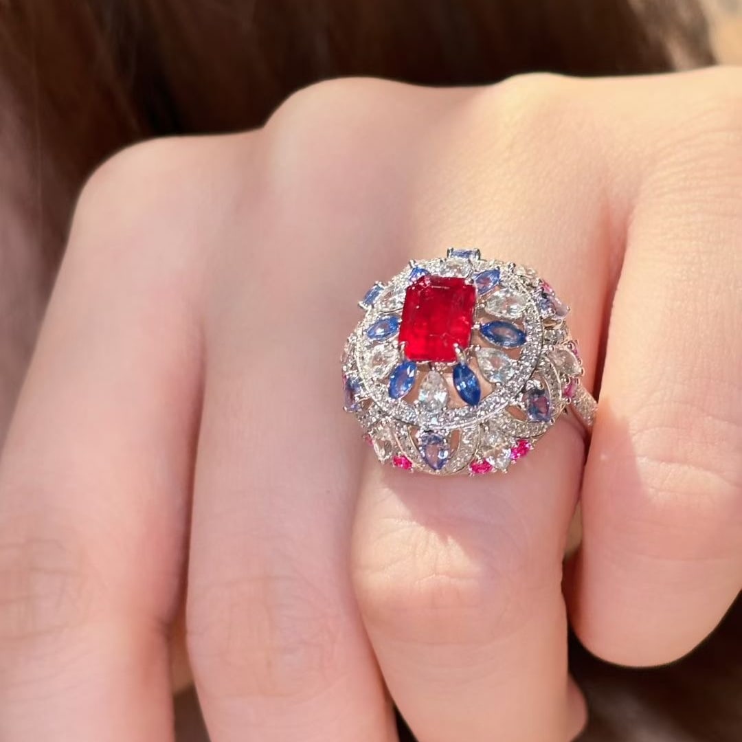 14k Gold 1.76 Ct Natural Ruby & Diamond & Sapphire Ring - 7