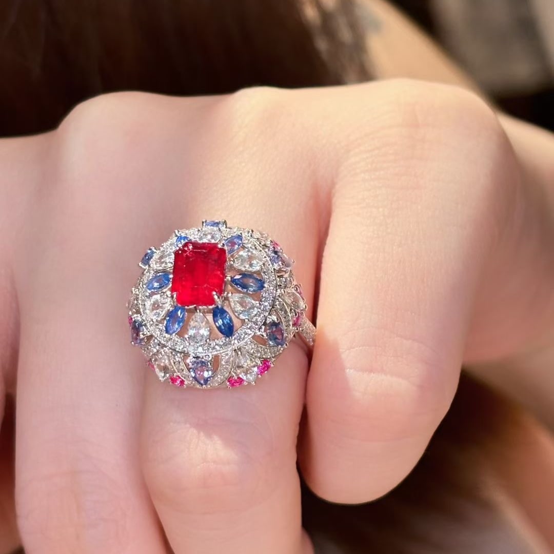 14k Gold 1.76 Ct Natural Ruby & Diamond & Sapphire Ring - 8